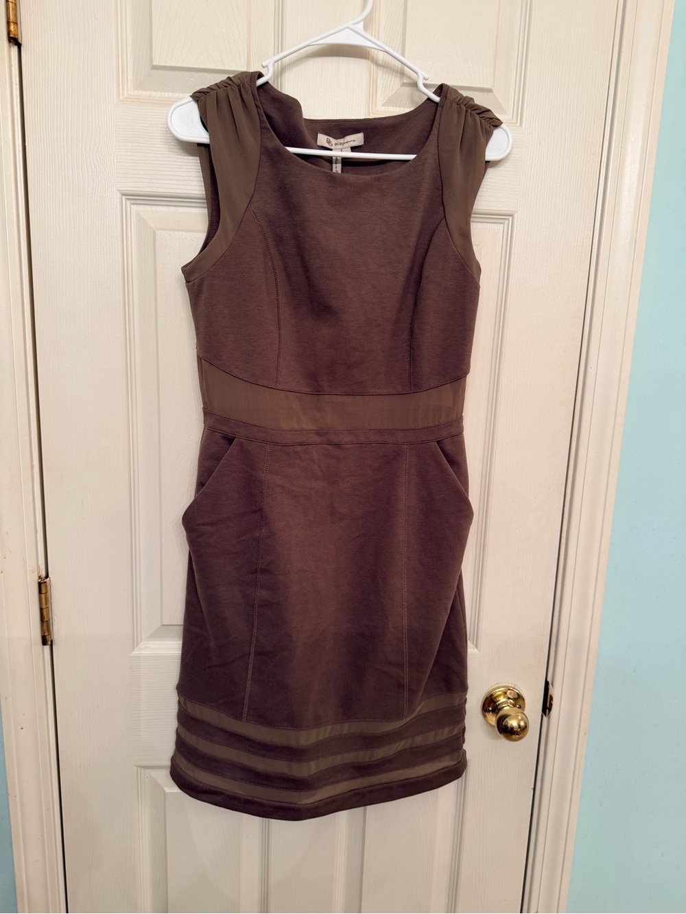 BCBGeneration Brown Sleeveless Sheath Dress with Mesh Bands